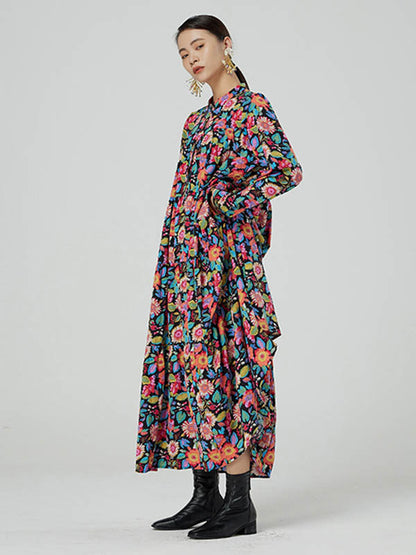 Stylish Floral Printed Stand Collar Buttoned Loose Long Sleeves Midi Dress