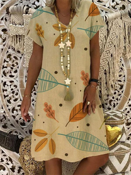 Printed V-neck Short Sleeve Midi Dress