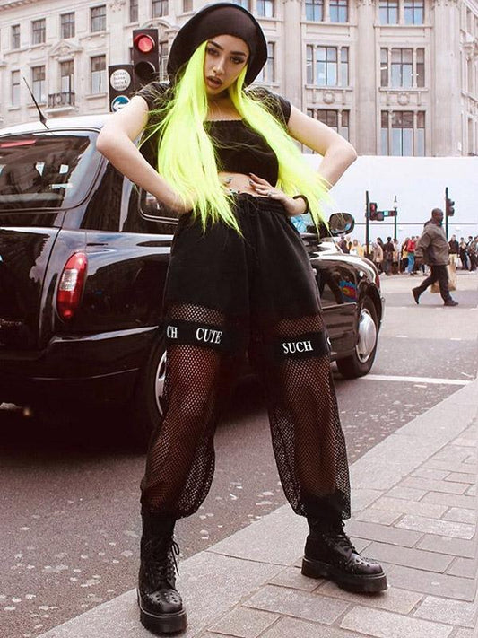 Mesh Hollow Printed Track Pants