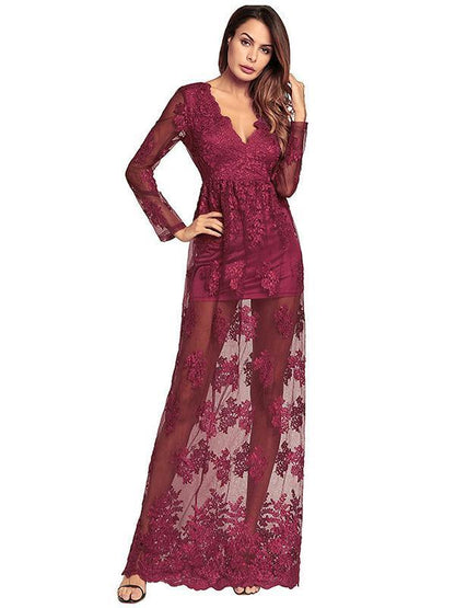 V-neck Embroidered Hollow Evening Dress