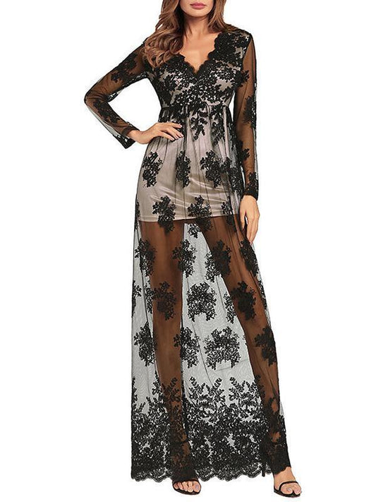 V-neck Embroidered Hollow Evening Dress