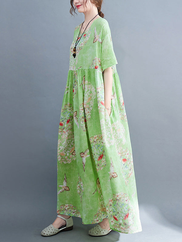 Loose Artistic Loose Floral Printed Pleated Midi Dress