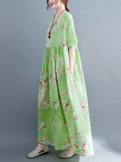 Loose Artistic Loose Floral Printed Pleated Midi Dress