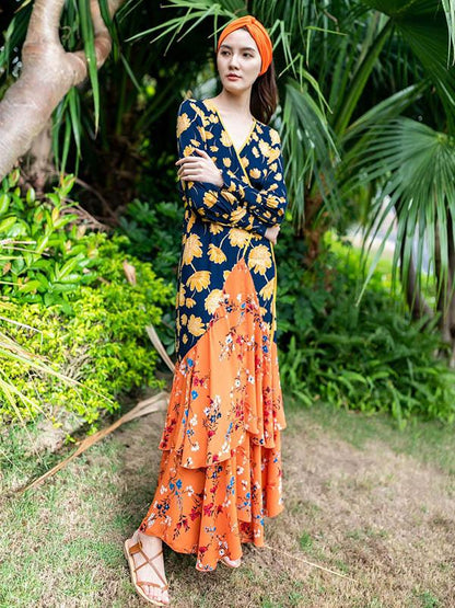 Asymmetric Long Sleeves Bohemia Wrap Dress