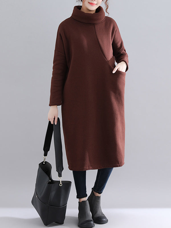 Simple Solid Color With Pocket High-Neck Long Sleeves Sweatshirt Dress