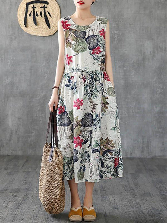National Flower Printed Sleeveless Long Dress
