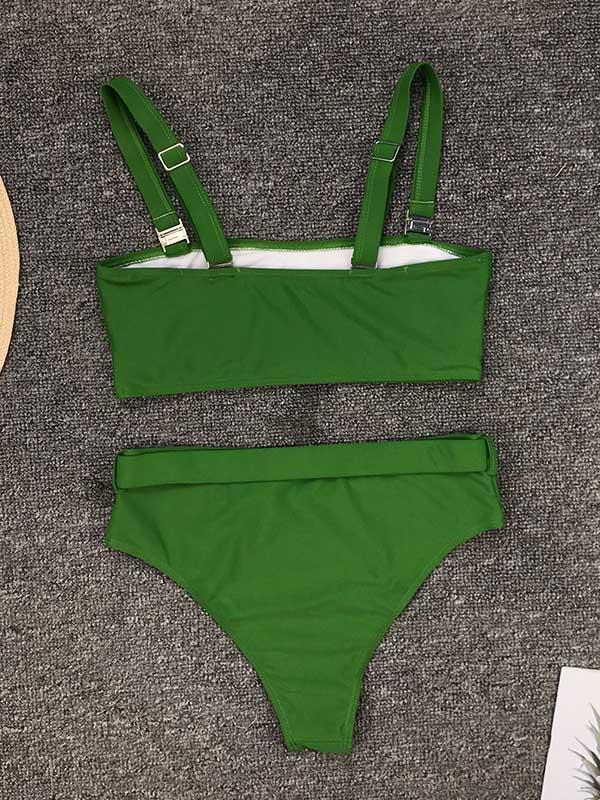 Solid Color Metal Buckle Bikini Swimsuit