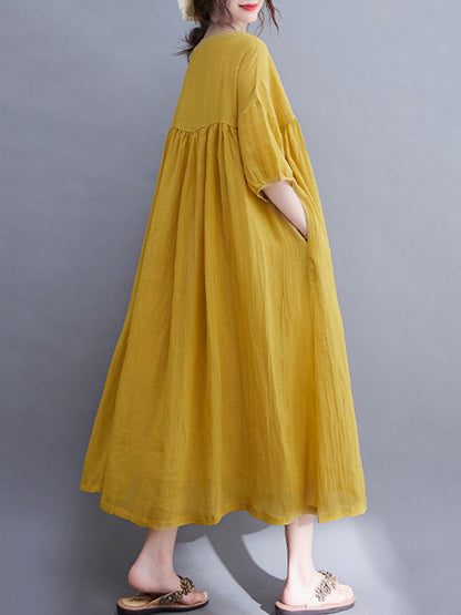 Simple Solid Color Puff Sleeve Midi Dress