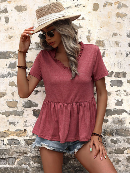 Simple Causal Solid Color Pleated Falbala T-Shirt Top