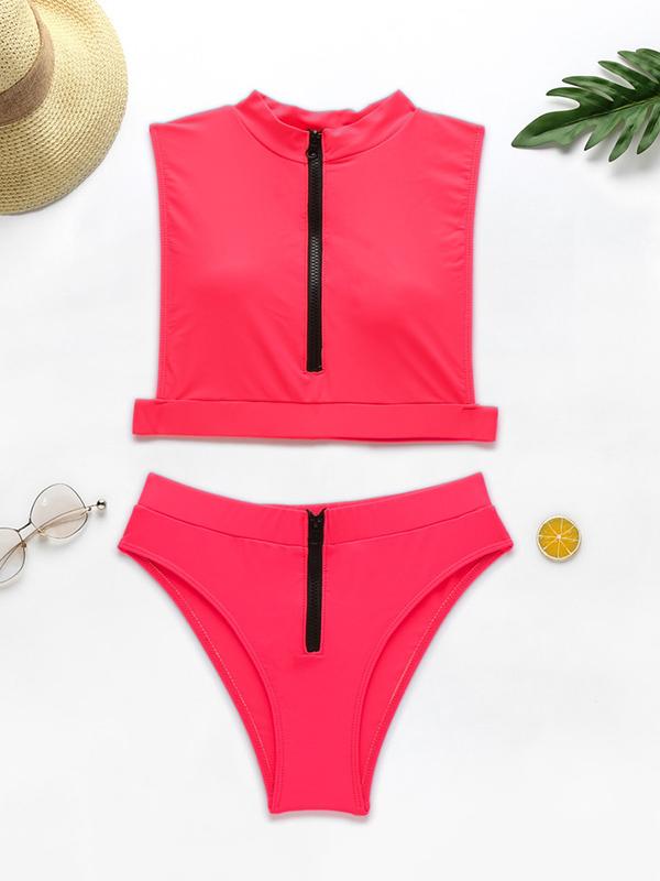 Turtlenecks Zippers Split Bikini Swimsuit