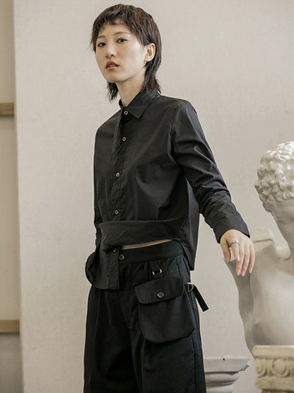 Urban Asymmetric Solid Color Buttoned Lapel Long Sleeves Blouse Tops
