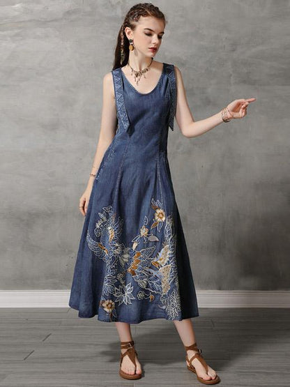 Original Retro Embroidered Hemline Denim Long Dress