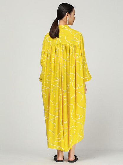 Original Ramie Cotton Printed Lapel Long Blouse Dress