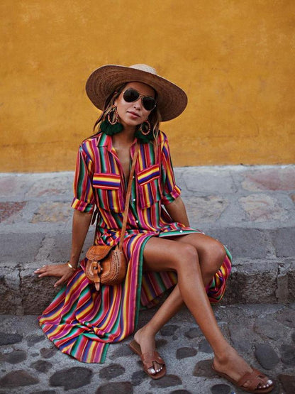 Bohemia Striped Shirt Maxi Dress