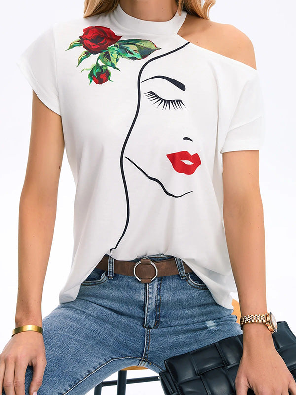 Original One-Shoulder Floral Face Printed T-Shirt Top
