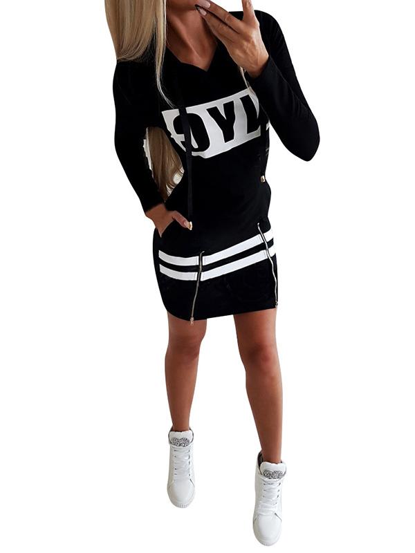Fashion Long Sleeves Letters Printed Hooded Midi Dresses
