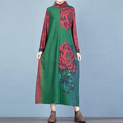 Buykud Fashion Turtleneck Floral Printed Warm Dress