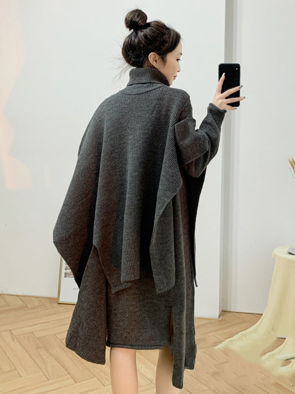 Solid Round-Neck Sweater Dresses And Irregularity Batwing Sleeves High-Neck Cape Set