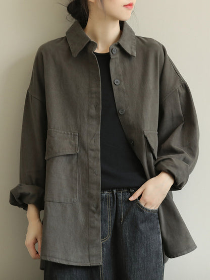 Simple Buttoned Solid Color Lapel Batwing Sleeve Outerwear