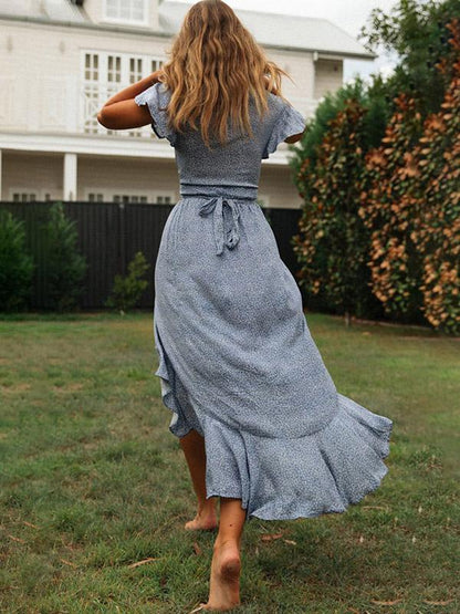 Printed Floral Short Sleeves V-neck Maxi Dress