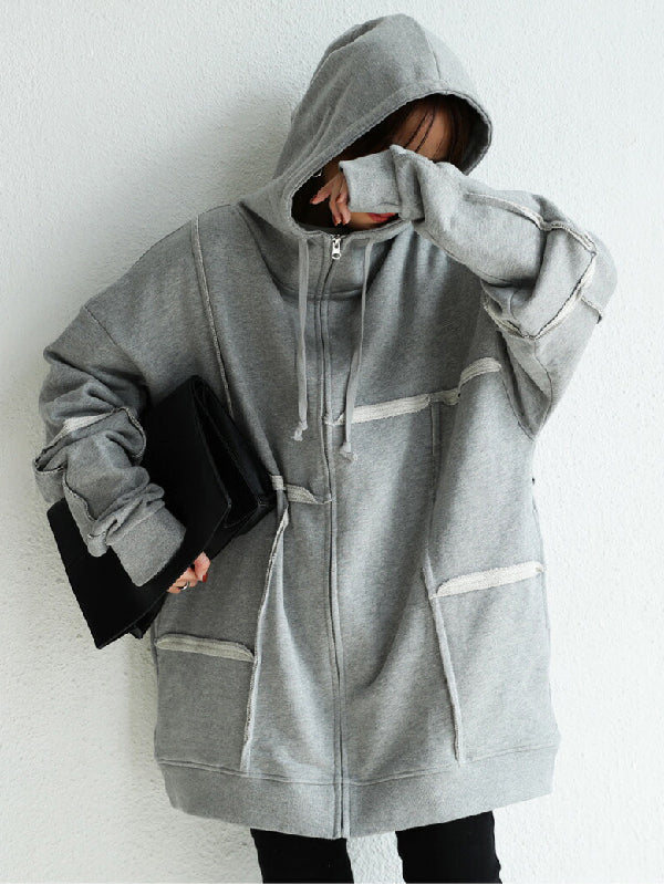 Stylish Loose Split-Joint Asymmetric Drawstring Hooded High-Neck Jacket Outerwear