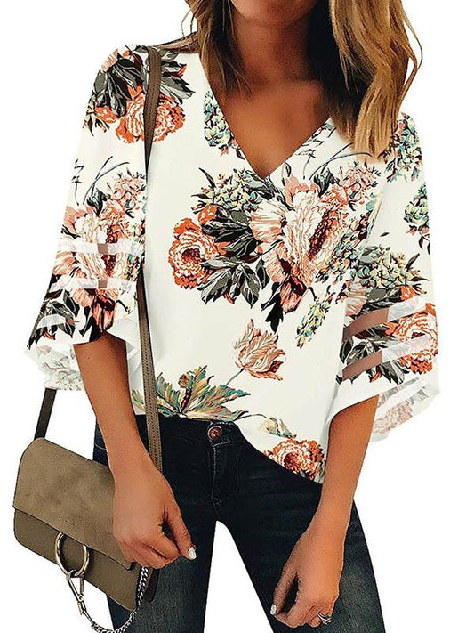 Loose Veil Split-joint V-neck Blouses Top