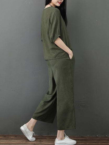 Solid  Short Sleeves Blouse + Wide Leg Pants Suit