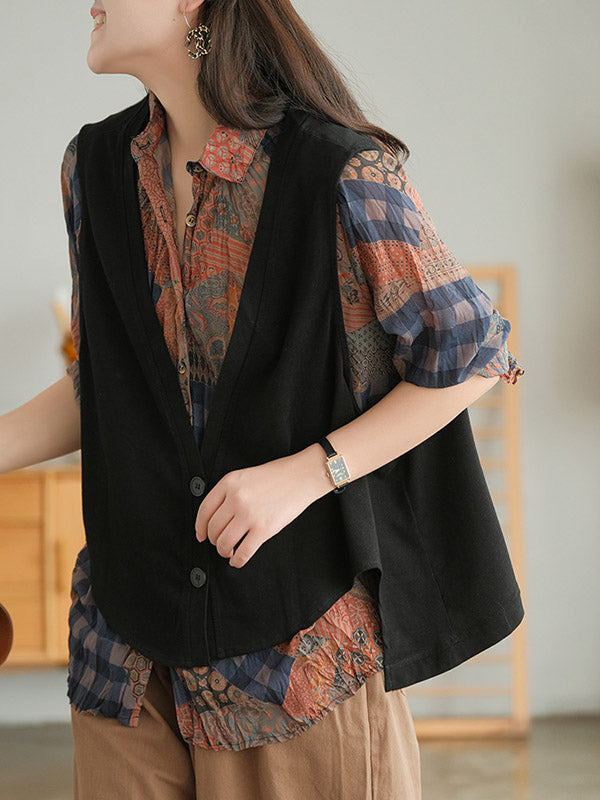 Vintage Printed Buttoned Pleated Lapel Long Sleeves Blouse Tops