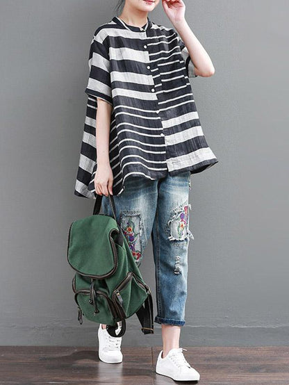 Vintage Loose Striped Stand Collar Shirt