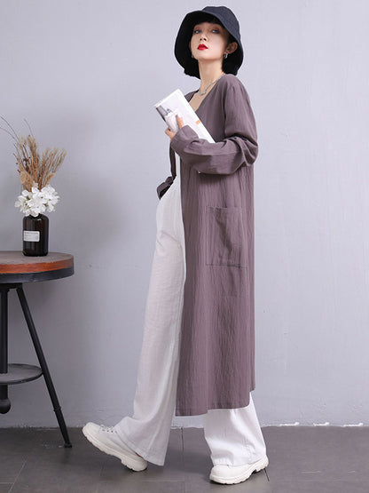 Simple Ramie Cotton Solid Color Long Sleeves Long Outerwear