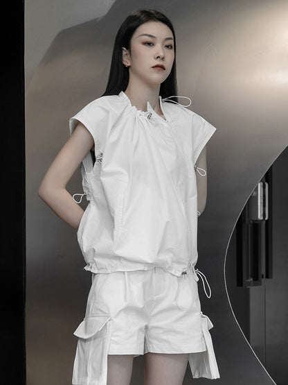 Stylish Black&White Drawstring Pleated Zipper Cap Sleeve Shirts