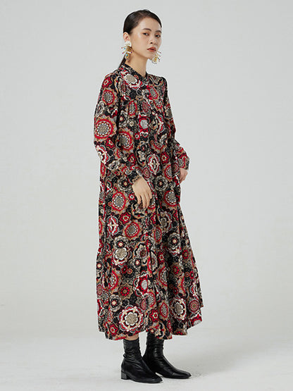 National Floral Printed Buttoned Pleated Stand Collar Long Sleeves Midi Dress