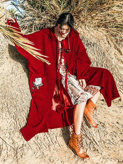 Loose Burgundy Vintage Pompom Triming Wind Coat Outwear