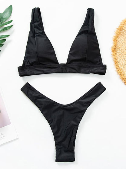 Solid Color Deep V-Neck Split Bikini Swimsuit