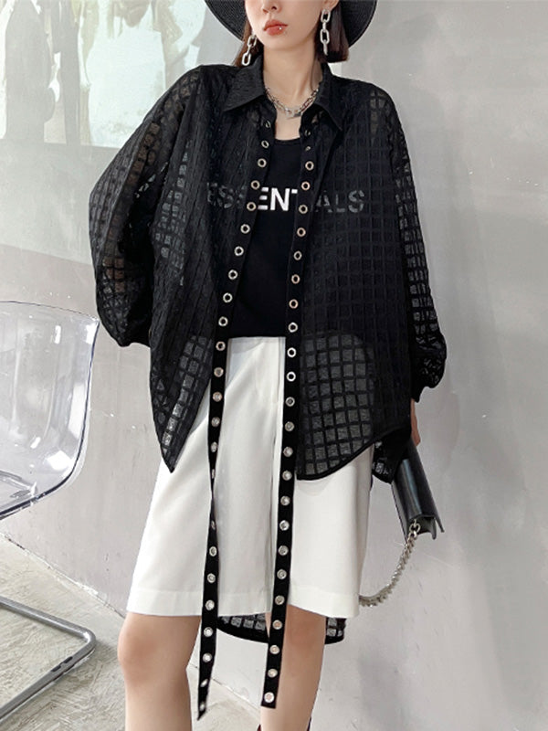 Stylish See-Through Buttoned High-Low Lapel Outerwear