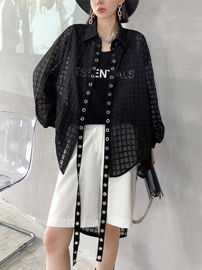 Stylish See-Through Buttoned High-Low Lapel Outerwear