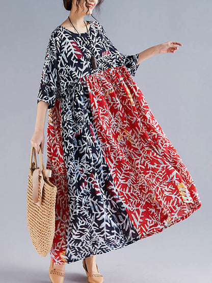 Original Printing Split-Joint Half Sleeve Midi Dress