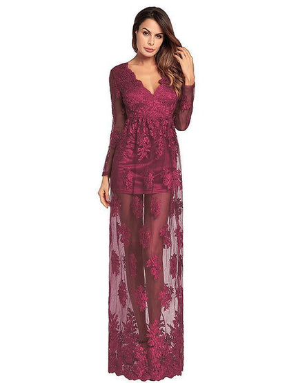 V-neck Embroidered Hollow Evening Dress
