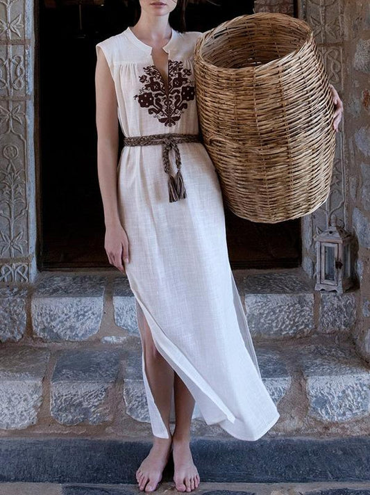 Ramie Cotton V-neck Sleeveless Maxi Dress