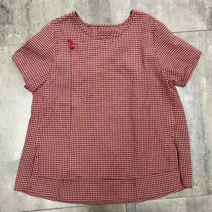Cotton Linen Loose Vintage Frog Plaid Blouse