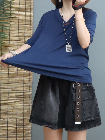 Simple Solid Color V-Neck Short Sleeves T-Shirt Tops