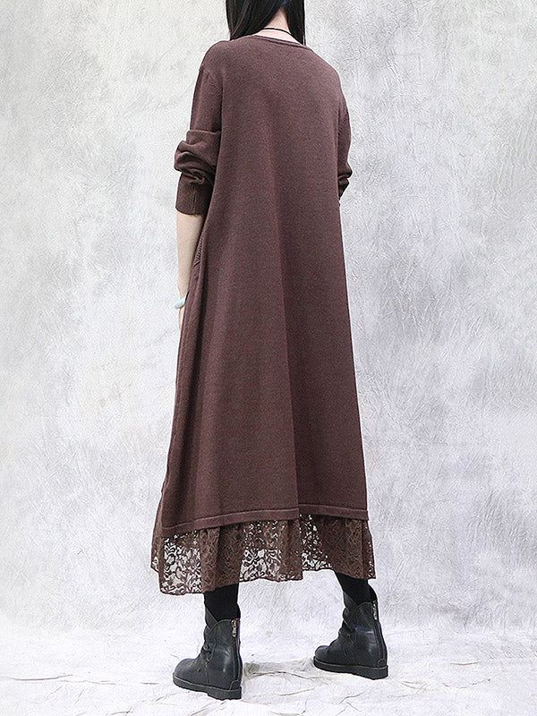 Artistic Retro Solid Color Split-Joint Embroidered Hollow Lace Round-Neck Long Sleeves Knitted Sweater Dress