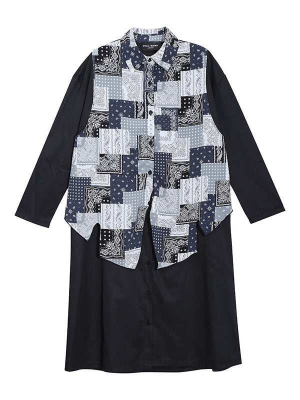 Original Printed Split-Joint Buttoned Lapel Collar Long Sleeves False Two Midi Dress