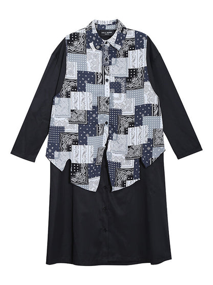 Original Printed Split-Joint Buttoned Lapel Collar Long Sleeves False Two Midi Dress