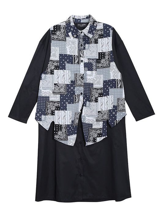 Original Printed Split-Joint Buttoned Lapel Collar Long Sleeves False Two Midi Dress