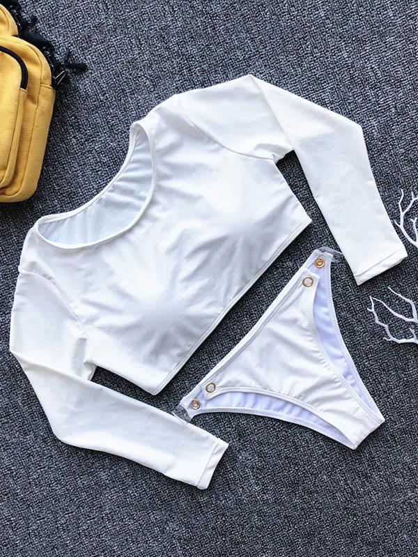 Solid Semi Long Sleeve Tankini Swimsuit