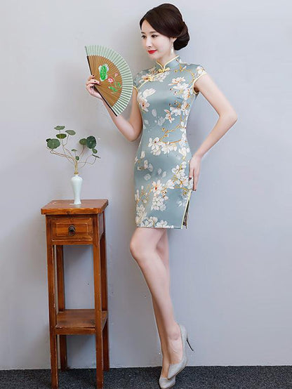 Stand Collar Slant Opening Short Cheongsam