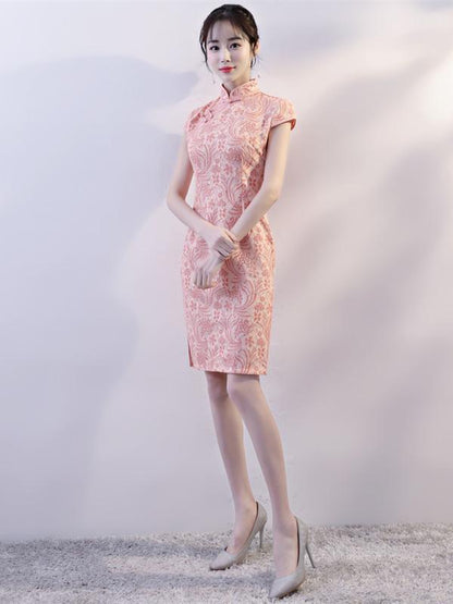 Pink Lace Stand-collar Split-side Short Cheongsam
