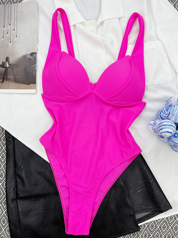 Solid Color V-Neck Backless One-Piece Swimsuit