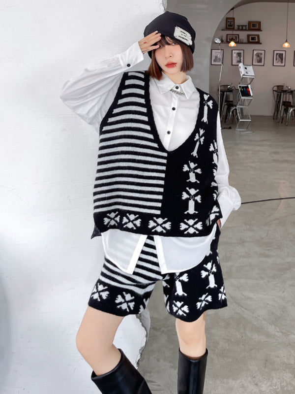 Fashion Printed Knitting  Vest & Shorts Separately 2 Pieces Set